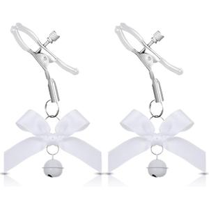 2Pcs Body Jewelry Non Piercing, Adjustable Nipple Clamps for Adult, Stainless Steel Bow Nipple Clips with Bell, Pressure Nipples Clamps with Chain, White Nipples Jewelry for Adults