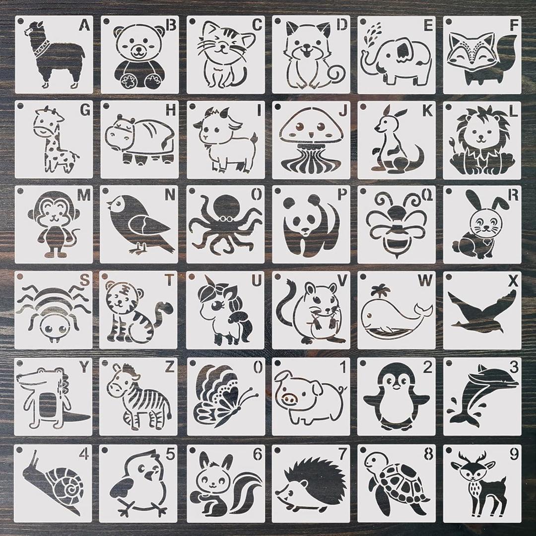 36 Pieces Baby Shower Stencils for Painting Cute Onesie Stencil Reusabl Painting Stencils, Small Animals Stencils Template for Onesies Bodysuit Bags Shirts Shoes Bibs Clothes(Letter Animal)