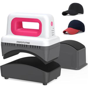 ITEFDTUTNE Hat Press Machine, Mini Hat Heat Press Machine with 4 Heating Levels & Auto-Off, Handheld Cap Easy Press with 3.5"×5.5" Curved Heat Plate, 2 Press Platens, A Safety Base, Rose Red