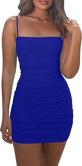 Mizoci Women's Sexy Sleeveless Ruched Spaghetti Strap Bodycon Mini Club Party Dress, Size XS