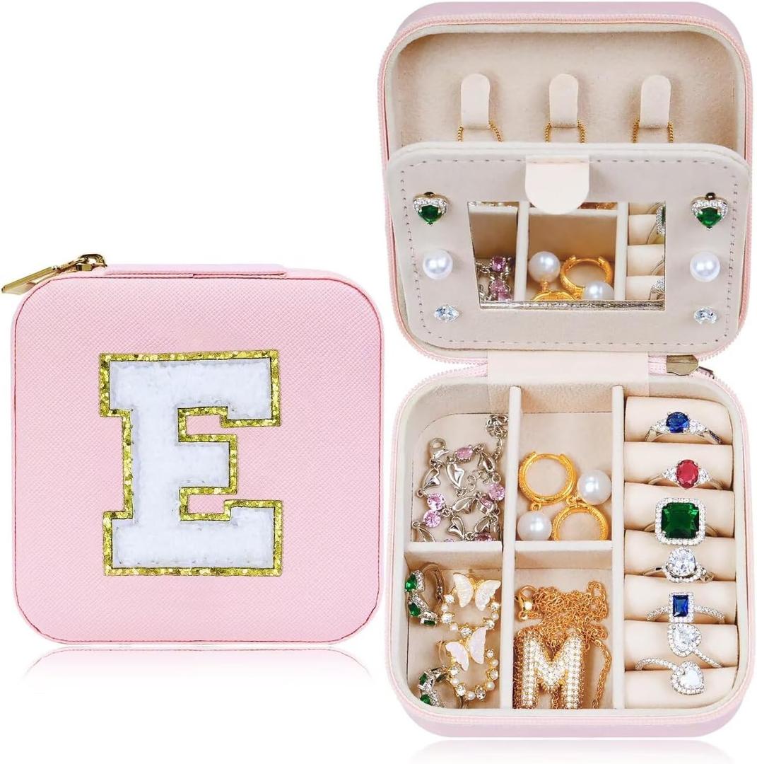 Jewelry Travel Case Small Organizer Stocking Box Jewelry Accessories Personalized Gifts Teenage Holiday Christmas Gift for Women Pink, Letter E