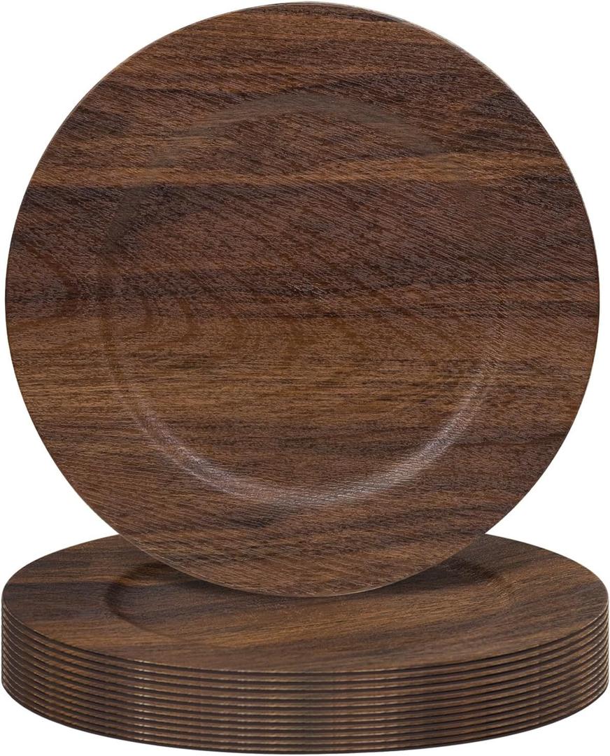 MAONAME Round Charger Plates Set of 12, 13 Inch Brown Charger for Dinner Plates, Farmhouse Faux Wood Plate Chargers, Rustic Table Chargers for Weddings, Party