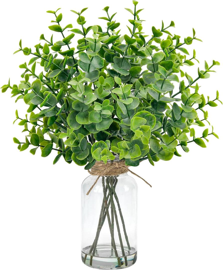 Der Rose 14.5" Fake Plants for Bathroom Decor Artificial Eucalyptus Stems in Clear Glass Vase with Faux Water for Office Desk Accessories Home Wedding Decor