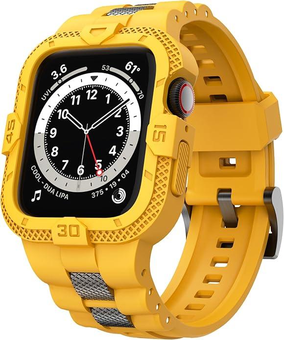 GELISHI Bands Compatible for Apple Watch Band 45mm 44mm 42mm, Men Sport Rugged Band with Protective Case for Watch Series 9 8 7/Series 6 SE 5 4 3, Yellow