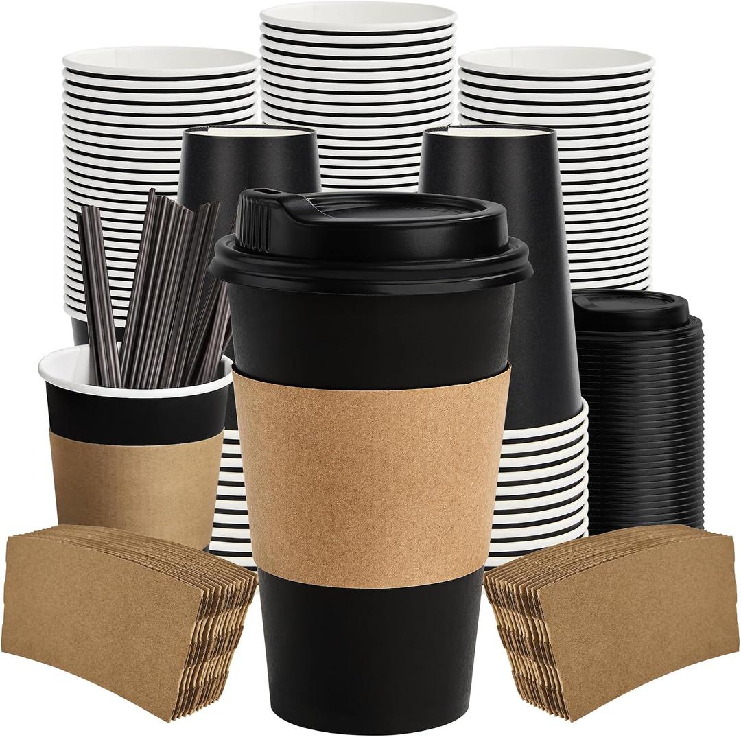 16 oz Paper Coffee Cups with Lids 50 Pack, Black Disposable Hot Coffee Cups with Lids, Sleeves and Stirring Sticks, To Go Cups, for Parties, Picnic, Travel, and Events
