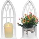Wall Candle Sconces for Pillar - White Candle Holder for Wall Set of 2 - Farmhouse Wood Carved Shelf for Plant - Rustic Window Shape Decor for Bathroom Hallway Fireplace
