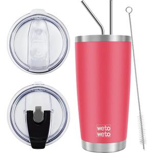 WETOWETO 20oz Tumbler with 2 lids and 2 straws, Stainless Steel Vacuum Insulated Water Coffee Tumbler Cup, Double Wall Powder Coated Spill-Proof Travel Mug Thermal Cup (Watermelon Red, 1 Pack)