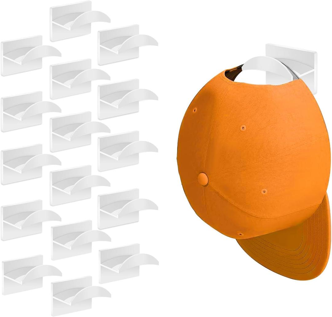 Adhesive Hat Hooks for Wall (16-Pack), Hat Hooks for Baseball Caps, Minimalist Hat Rack Design, No Drilling, Strong Hat Hangers, Hat Holder Organizer for Wall (White)