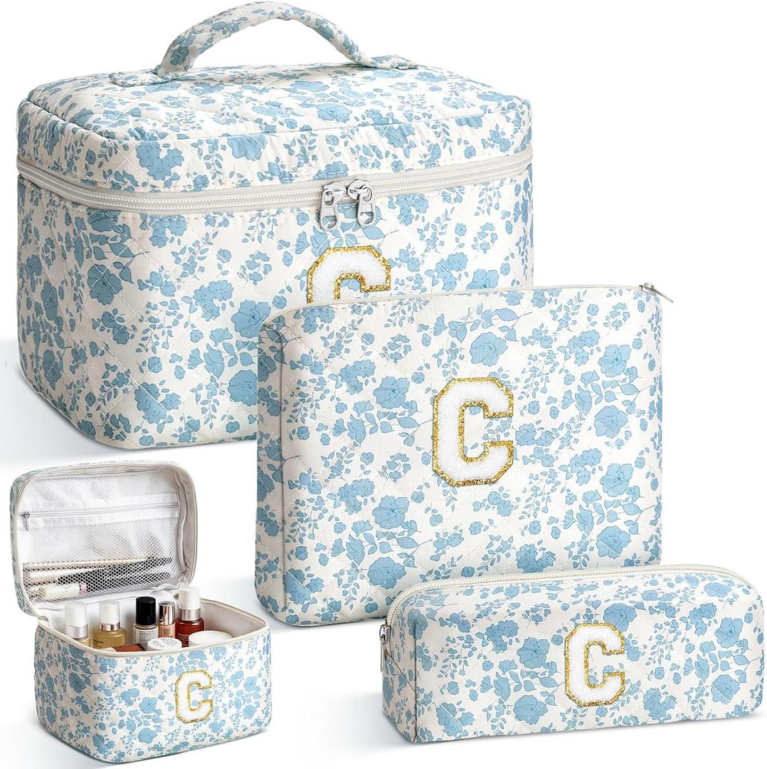 2PCS Personalized Initial Makeup Bag for Women, Birthday Gifts for Girl, Travel Toiletry Bag MakeupBag Quilted Cosmetic Bag Floral Cotton Make up Bags for Girls and Women Christmas Gift C