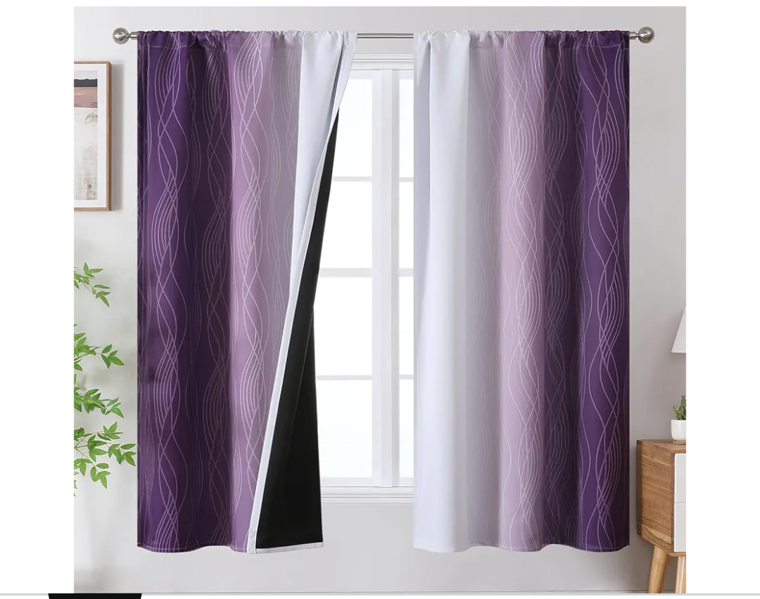 Estelar Textiler Purple and Greyish White Ombre Blackout Curtains 63 Inch Length, Rod Pocket Thermal Insulated Curtains for Girls Bedroom, Full Room Darkening Drapes for Kids Room, 42Wx63L, 2 Panels