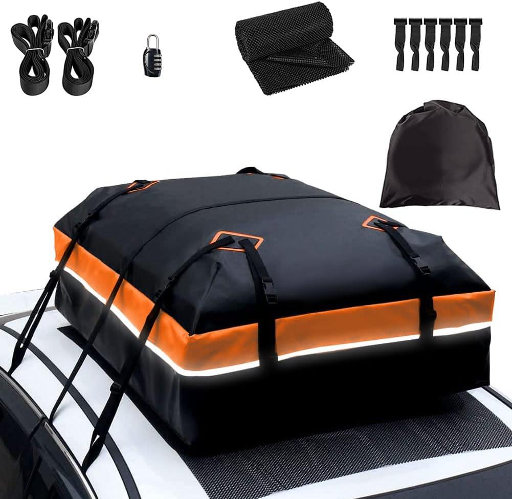 21 Cubic Feet Car Rooftop Bag Waterproof Heavy Duty for All Cars Cargo Carrier Bag with/Without Rack Including Anti-Slip Mat 2 Luggage Locks 2 Extra Straps 6 Strong Nylon Straps Orange Bag