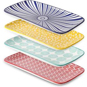 Selamica Ceramic Rectangular Serving Platters Set of 4, 12 Inch Serving Trays/Dishes for Party Entertaining, Rectangular Dinner Plates for Appetizer Salad Dessert Sushi, Assorted Colors