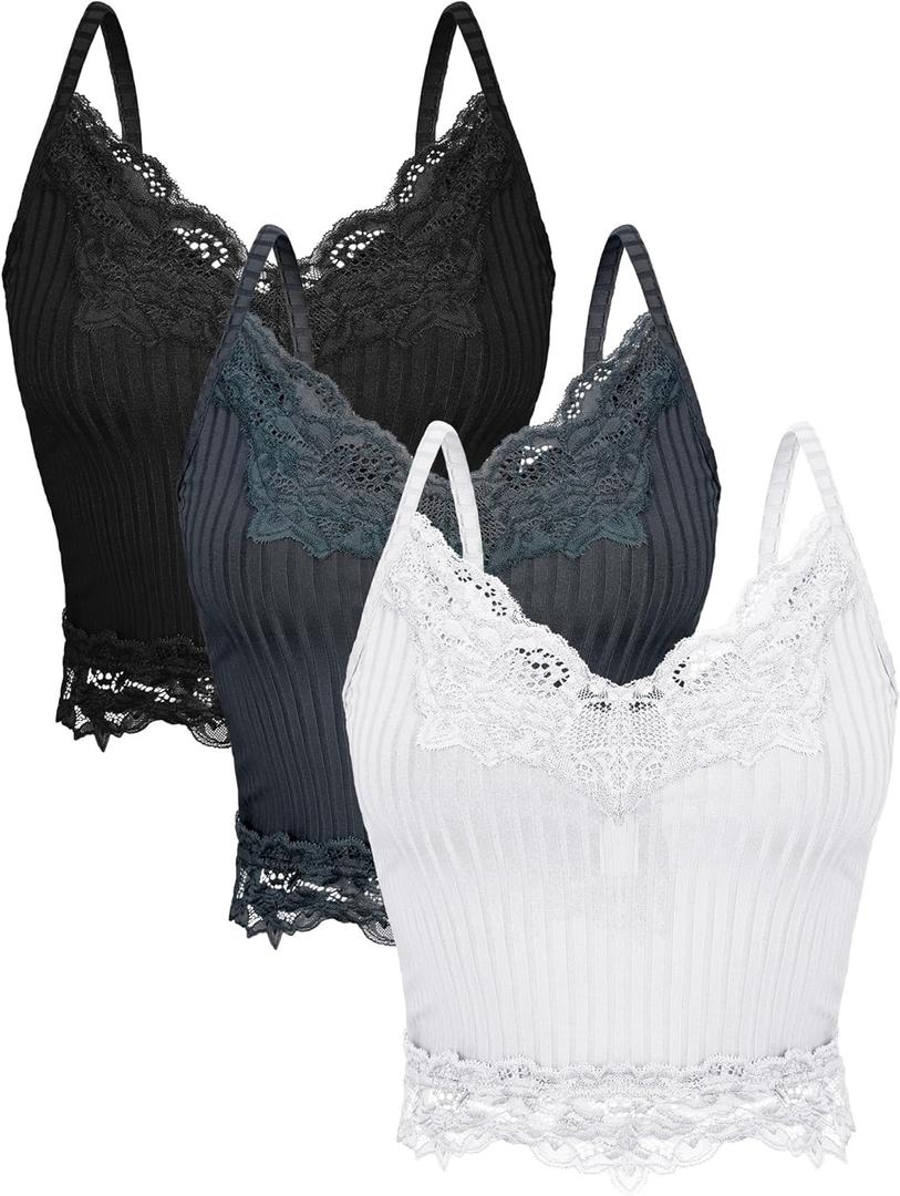 Bencailor 3 Pcs Women's Lace Tank Tops Y2k Camisole Lace Patchwork Crop Tops Grunge Style Ribbed Knitted Clothing (X-Large, White, Gray, Black)