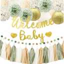 Baby Shower Decorations Sage Green & Gold for Boy or Girl- Welcome Baby Banner, PomPoms, Lanterns, Circle Dot& Tassels Hanging Garland Party Supplies-Safari Woodland Jungle Forest Boho Theme Neutral Gender