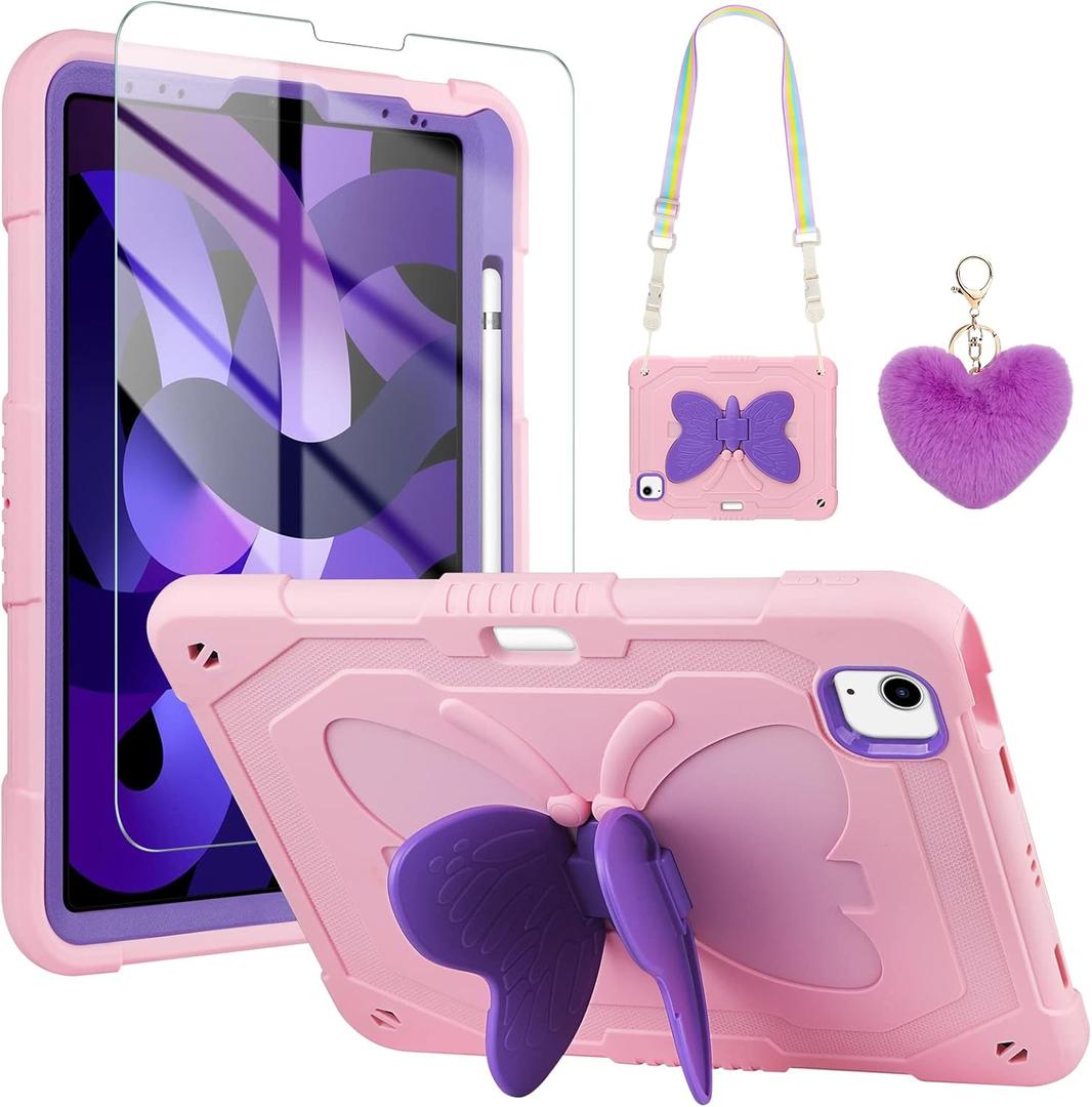 WESADN for iPad Air 5th Generation Case iPad Pro 11 Inch Case 4th/3rd/2nd/1st with Screen Protector/Butterfly Kickstand/Strap/Keychain/Pencil Holder for Kids Girls Cases for iPad Air 4 Pink Purple