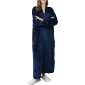 Locachy Women's Flannel Zip Warm Robe Cozy Fluffy Long Bathrobe Housecoats Nightgown Sleepwear (Navy), Small
