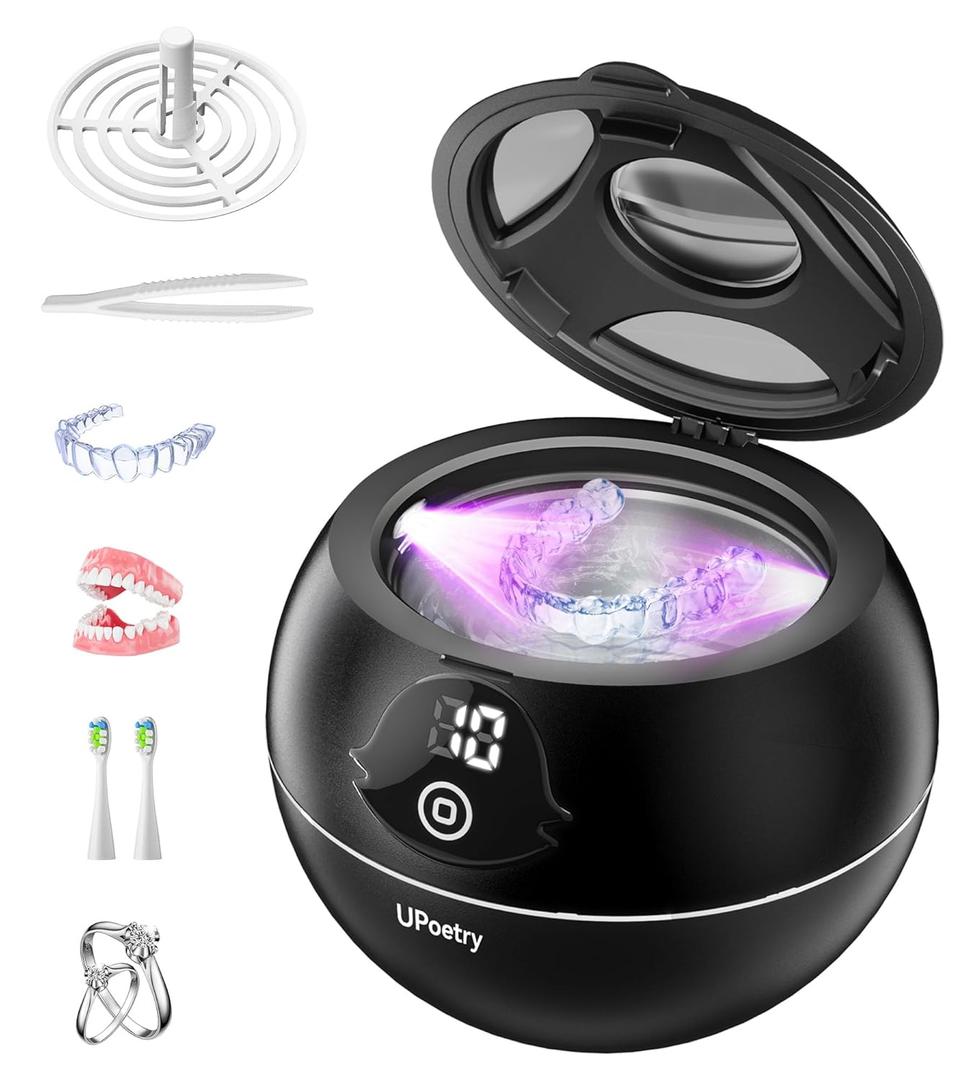 Ultrasonic Retainer Cleaner, 45kHz Retainer Cleaner Machine with Digital Timer & 4 Modes, 200ML Portable Dental Cleaning Pod for Aligners, Dentures, Night Guards, Braces, Jewelry, Black