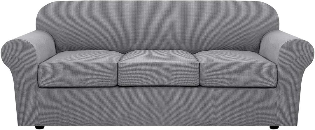 H.VERSAILTEX 4 Piece Stretch Sofa Covers for 3 Cushion Couch Covers for Living Room Furniture Slipcovers (Base Cover Plus 3 Seat Cushion Covers) Upgraded Thicker Jacquard Fabric (Sofa, Dove)