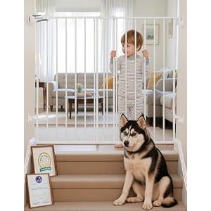 Babelio Baby Gate for Stairs & Doorways, 26-43" W 34" H Extra Tall| No Bottom Bar| Easy Installation| One-handed Operation| Auto-close| Hardware Mount (Drill Needed) Safety Dog/Pet Gate Indoor (White)