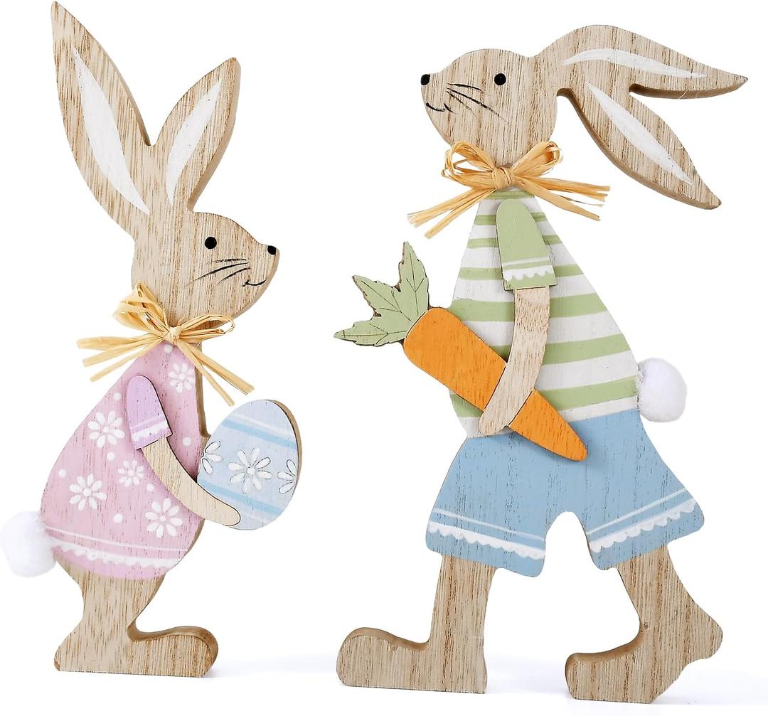 WellSign Easter Decorations for Home, 2 Pcs Bunny Table Wooden Sign Tiered Tray Decor, Farmhouse Rabbit with Egg and Pompom Ball for Tabletop tiered tray Shelf Mantel Spring Party Outdoor Indoor Decor (Blue and Pink)