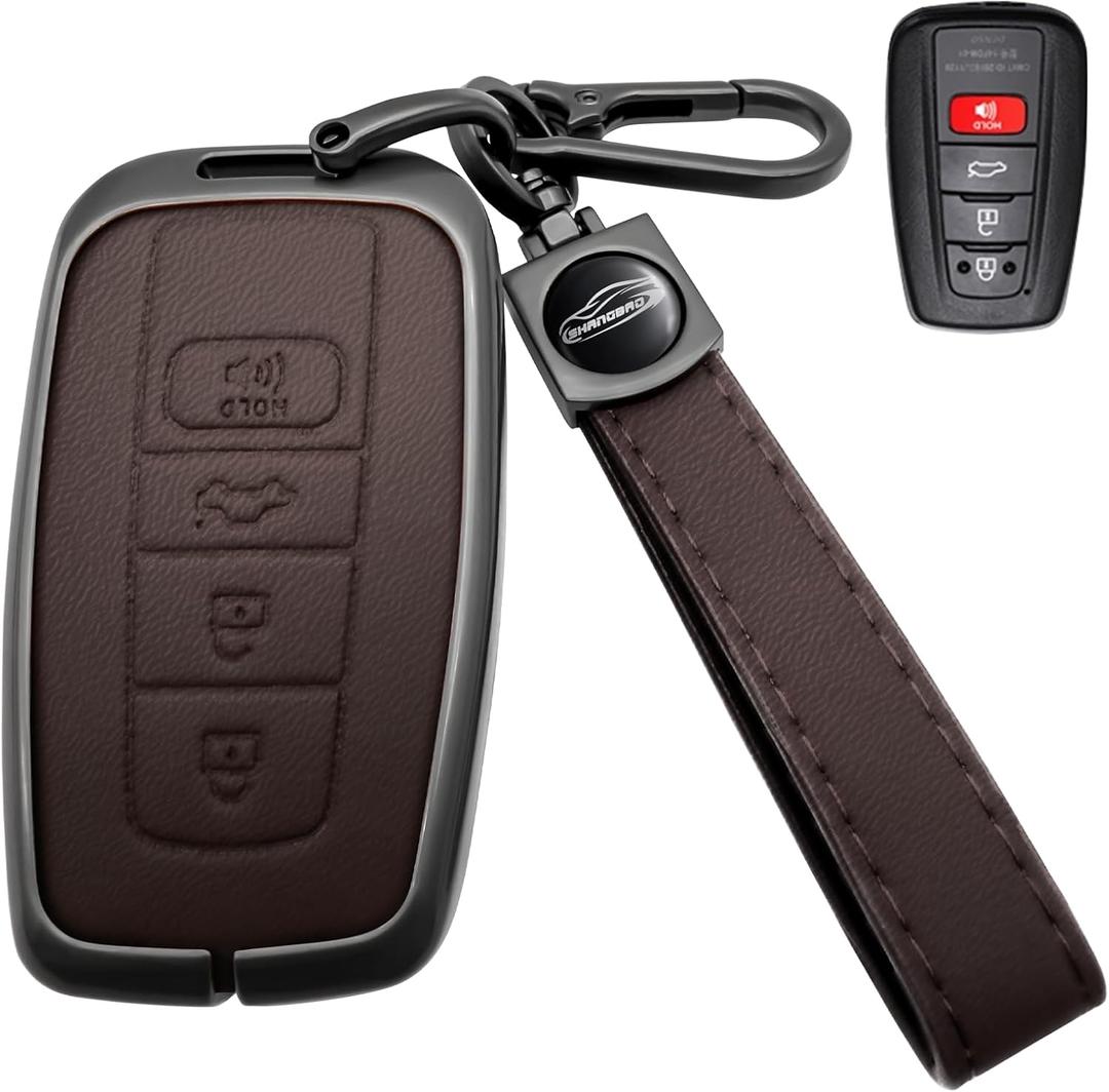 for Toyota Corolla Key Fob Coverwith Leather zinc Alloy Keychains-Full Cover Key Case for Avalon,Camry,C-HR,Highlander,Prius,Venza-2019-2024,Keycase Buckle (Wrist Strap Style, Brown)
