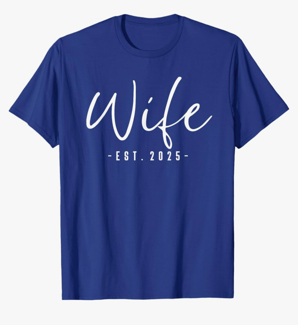 Wife Est 2025 Just Married Honeymoon Wedding Couples T-Shirt Size L