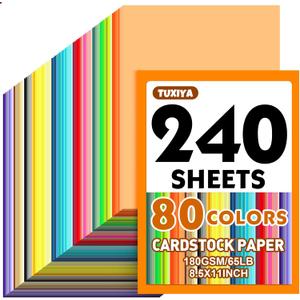 240 Sheets 8.5" X 11" Colored Cardstock, 80 Assorted Colors 180 GSM/65 LB Construction Paper Card Stock Printer Paper for Printing, Card Making, DIY Crafts, Kids School Supplies,Party Decorations