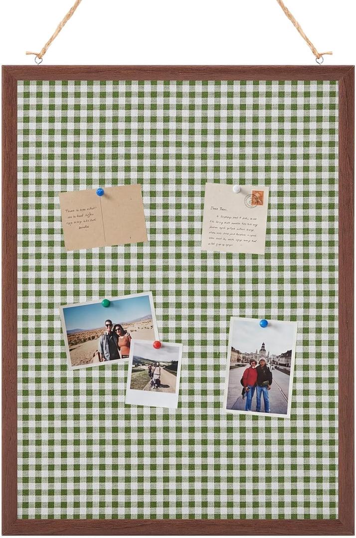 Leinuosen 17 x 23 Cork Board for Walls Decorative Cork Boards Green Gingham Home Decor Small Linen Bulletin Board Framed with Pins for Home Room School Office Decor