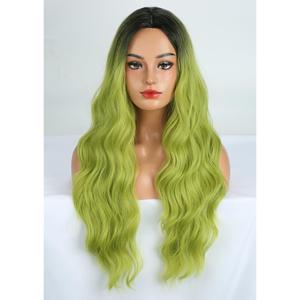 MAGQOO Matcha Green Wig for Women Girls Dark Roots Long Curly Wavy Black Green Wigs Middle Part Synthetic Heat Resistant Halloween Cosplay Costume Party Daily Use