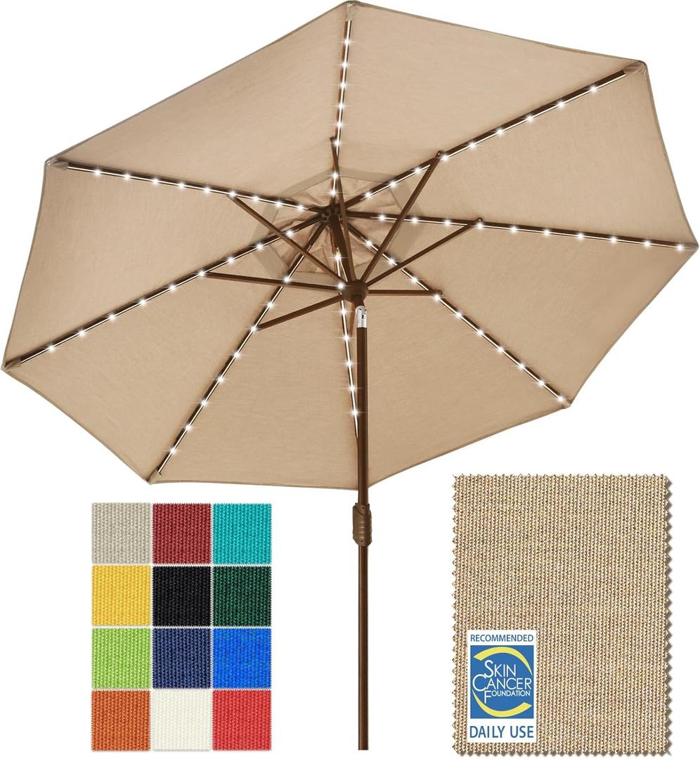 EliteShade USA 10-Year-Non-Fading Solar 9ft Market Umbrella with 80 LED Lights Patio Umbrellas Outdoor Table Umbrella with VentilationHeather Beige