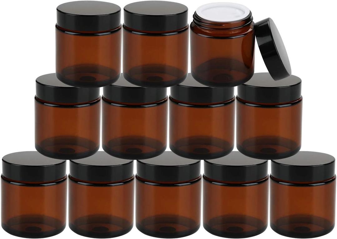 25Pack of 4 oz Amber Round Glass Jars, with Inner Liners and black Lids,Empty Cosmetic Containers,Cream jars
