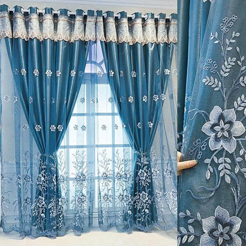 Amidoudou 1 Pair European Double Layer Curtains for Living Room Bedroom Luxury Flower Embroidered Curtains with Valance (Blue,54x84 Inch)