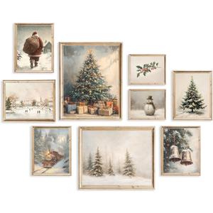 ASTRDECOR Vintage Christmas Wall Art, 9-Piece Winter Holiday Poster Set, Santa, Snowman, Pine Tree Prints for Cozy Xmas Room Dcor, Largest 11"x14", Multi Sizes, Christmas Picture Decorations Unframed
