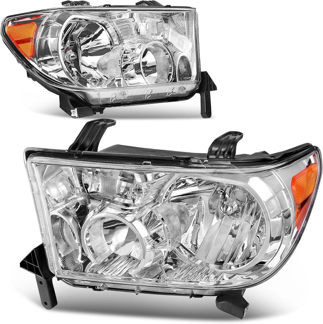 AUTOSAVER88 Headlight Assembly Compatible with 2007 2008 2009 2010 2011 2012 2013 Tundra/ 2008-2017 Sequoia Headlamp Replacement Chrome Housing Amber Reflector Clear Lens