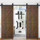 12FT Double Barn Door Hardware Kit Heavy Duty Sliding Door Track Kit with Hook and 2 Handles,Smoothly and Quietly Hardware for Interior and Exterior Fit 36" Wide Door Panel (J Shape Hanger) (Black)