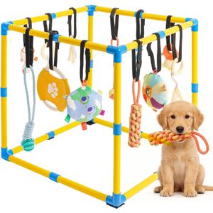 Puppy Play Gym for Small Dogs, 23.6"x 23.6" Large Indoor Dog Jungle Gym with 12 Hanging Toys& Non-Slip Pads, Adjustable PVC Frame, Enrichment & Training Activity Center