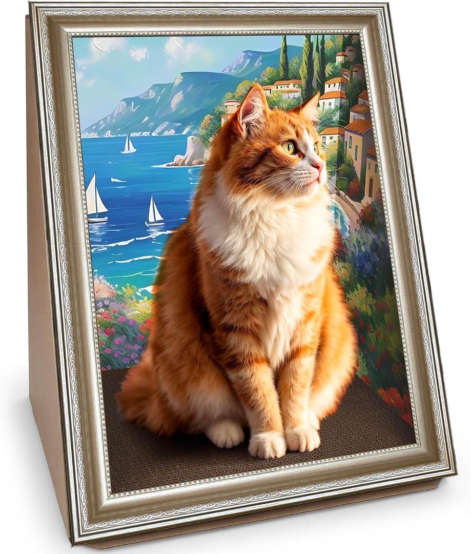 Cat Scratcher Pad with Oil Painting, Furniture Saver Scratching Board, Cardboard Cat Scratcher House with Frame, Large Scratching Pad & Scratcher Bed, Cat Cardboard Scratcher for Indoor Cats