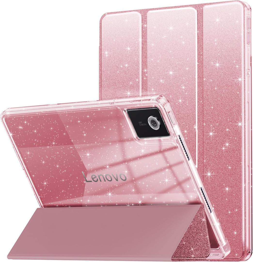 INFILAND Case for Lenovo Idea Tab 11" 2025 Cute Glitter Clear Slim Protective Cover with Pencil Holder for Kids, Girls, Woman Fit Lenovo Idea Tab 11 Inch TB-336ZU/336FU (Rose Gold)