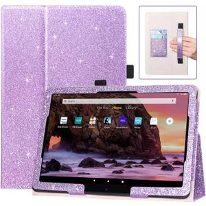 DMLuna Case for All-New Amazon Fire HD 10 & 10 Plus Tablet (13th / 11th Generation, 2023/2021 Release) 10.1", Slim Cover with Folding Stand, Auto Wake/Sleep, Hand Strap, Card Slot - Glitter Purple