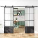 SmartStandard 76in x 84in Frosted Glass Sliding Barn Door,6-Panel Glass with Hardware Kit Included and Soft-Close, Aluminum Frame with Door Guides Waterproof & Quiet, Pre-Drilled Holes Easy Assembly