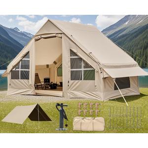 Inflatable Camping Tent,2/4/6/8 Person Glamping Inflatable Tents with Awning, Quick Setup Blow Up Tents with Pump, Waterproof Oxford Inflatable House for Camping, Air Glamping Hot Tents for Adult, 4-6 Person /Beige