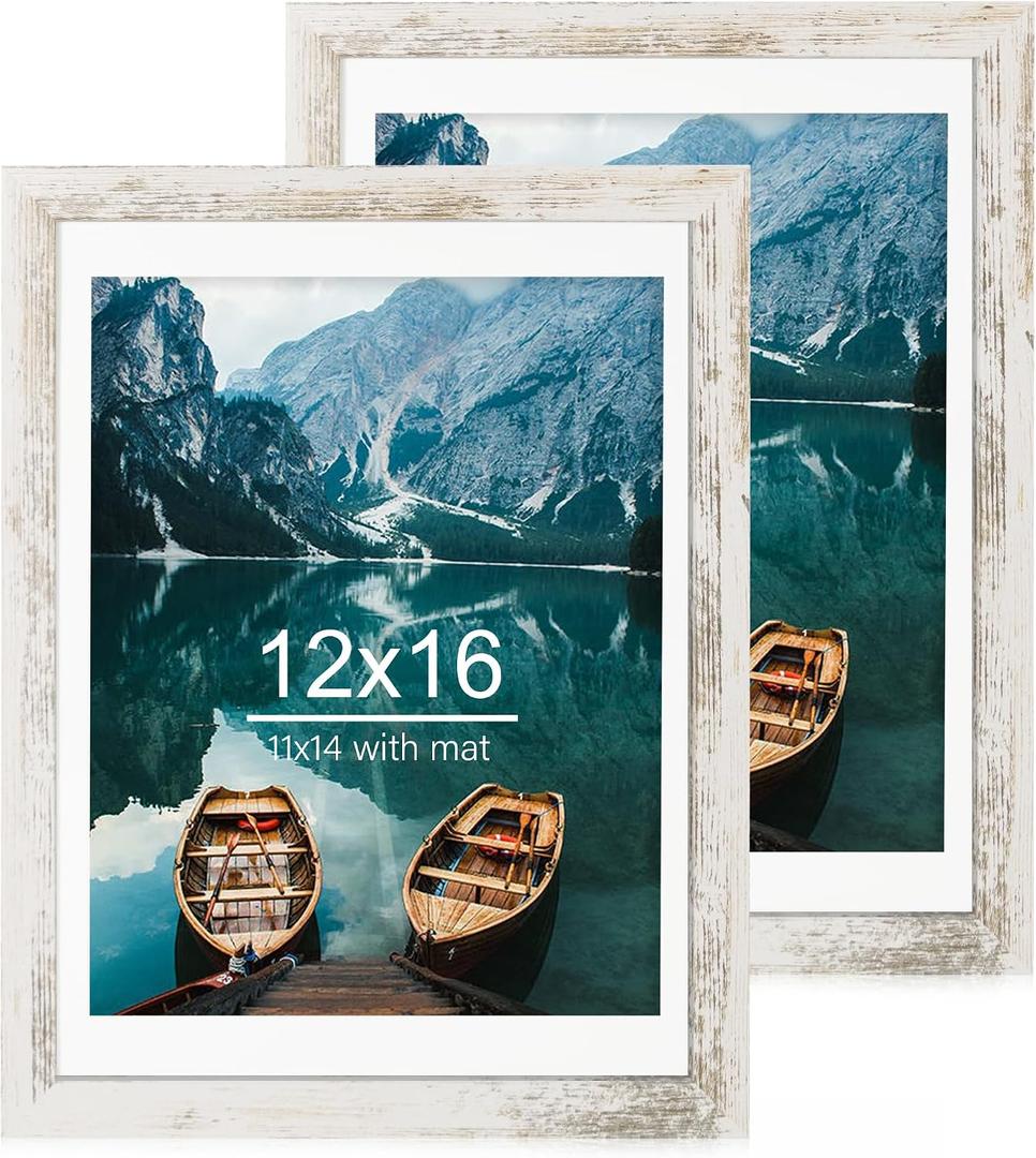Hongkee 12x16 Picture Frame Set of 2, Distressed White Wood Style - Display 12 x 16 Poster without Mat or 11x14 Picture with Mat, Wall Mounting Horizontal and Vertical