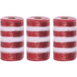 JStnana 3 Rolls White Red Stripe Deco Mesh Ribbon, 6 Inch x 30FT Per Roll Metallic Foil Burlap Deco Mesh Fabric for Christmas Tree Valentines Day New Year Wedding Wreath Swags Bow Making DIY Craft