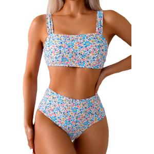 Fanuerg Women's High Waisted Bikini Sets Wide Straps Two Piece Swimsuit Floral Print Bathing Suits, Small
