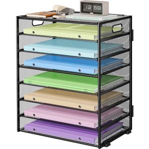 8 Tier Paper Organizer with Handle, Metal Mesh Desk File Organizer, Large Capacity Desk Organizers Paper Letter Tray Desktop Document Sorter for Office, Home or School - Black