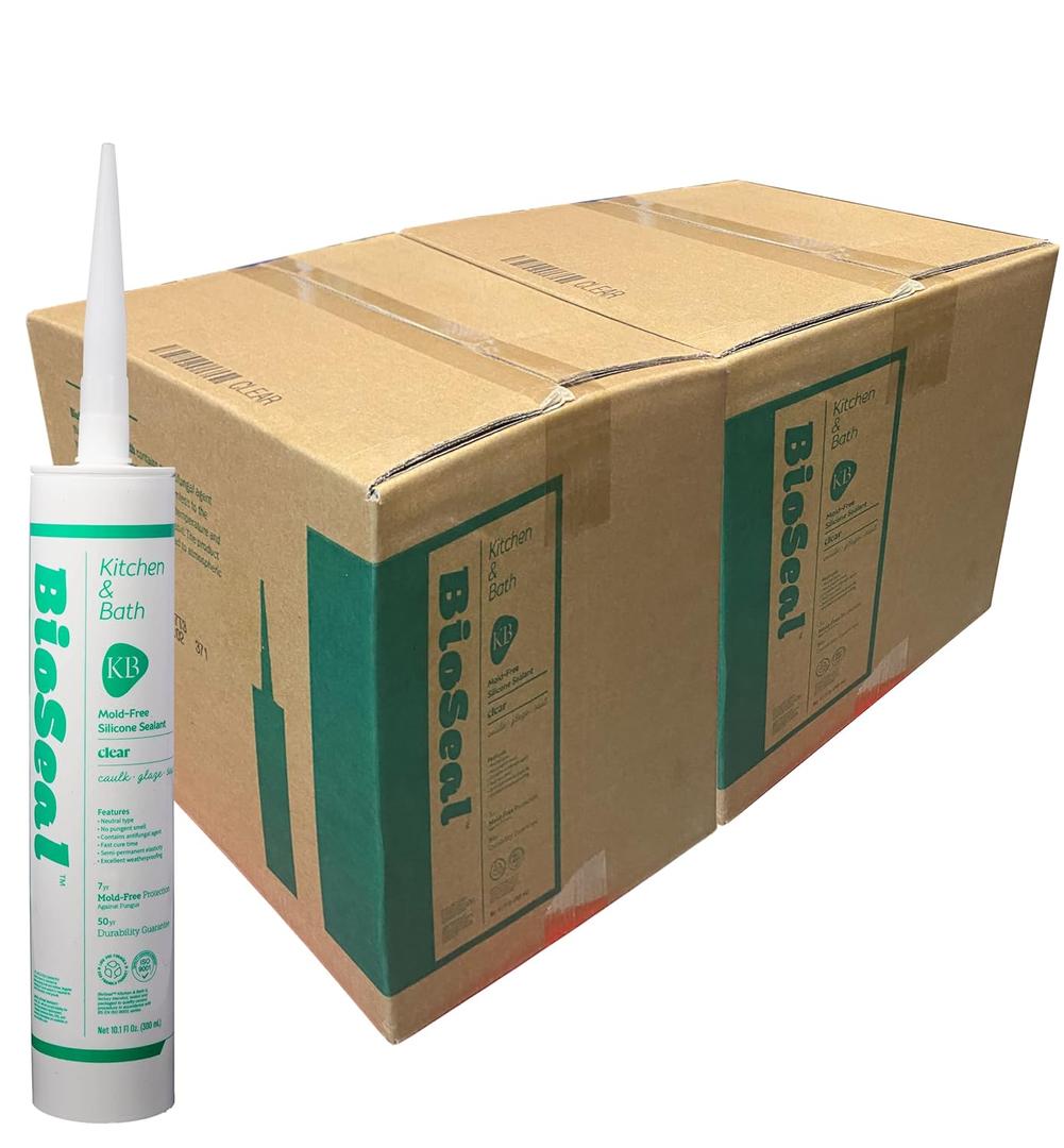 Clear BioSeal 100% Silicone Sealant Caulk Kitchen and Bath Grade, Waterproof and No Odor No Color Change 10.1 Ounce Cartridge, 50 Clear Tubes Set / 2 Boxes
