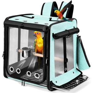 Bird Carrier with Seat Belt for Car Travel, Bird Backpack Carrier with Indestructible Stainless Steel Mesh, Large Bird Carrier Travel Cage, Green