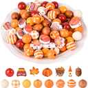 240 Pieces Fall Wooden Beads Thanksgiving Orange Craft Wood Beads Pumpkin Maple Leaf Gnome Plaid Colorful Bubblegum Beads for Harvest Halloween Craft Jewelry Making Home Party Decor