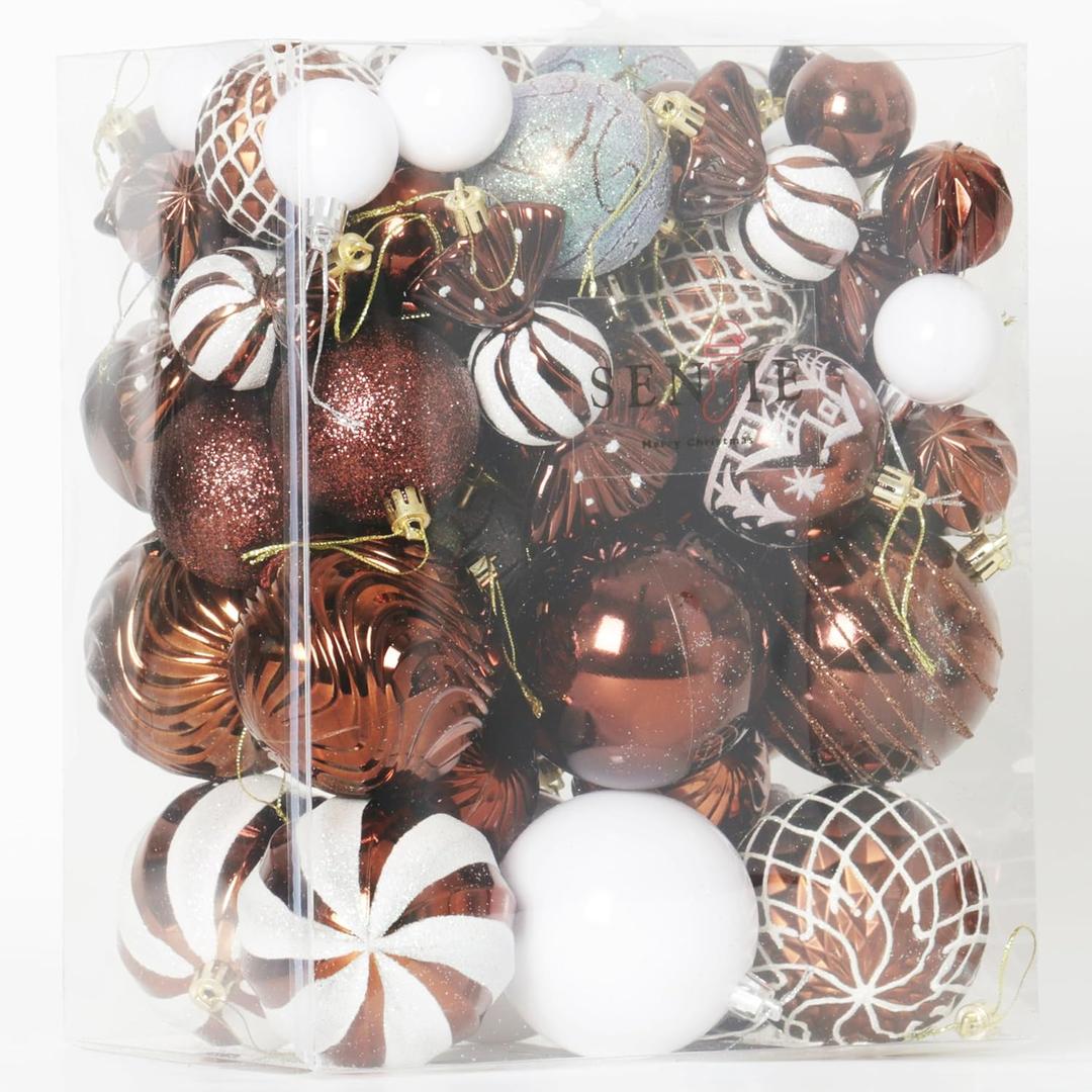Christmas Ball Ornaments Set Assorted Shatterproof Ornaments 63 PCS Shaped Styles Xmas Tree Holiday Decorative,Brown