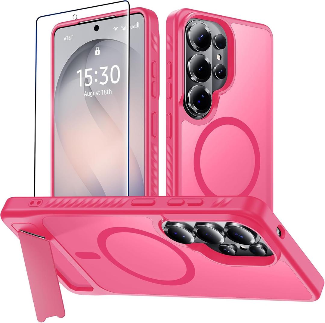 2 x For Samsung Galaxy S26 Ultra Case with Kickstand,1*Screen Protector,[Compatible with Magsafe]Translucent Matte Military-Grade Protection,Magnetic Phone Case for Samsung Galaxy S26 Ultra,6.9"-Rosered